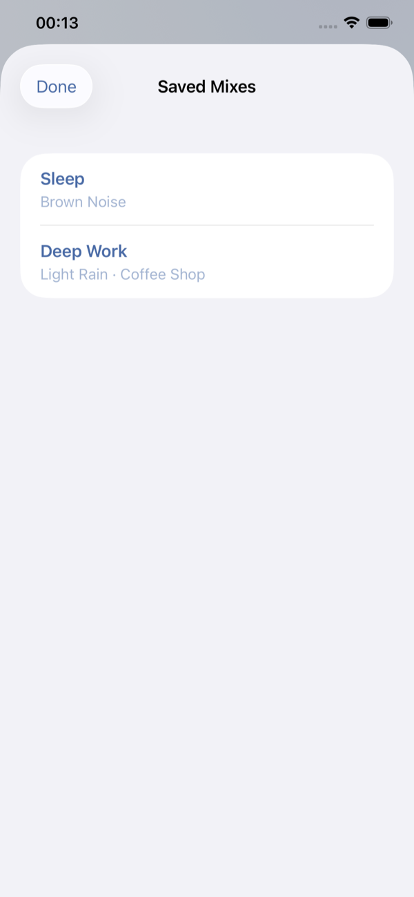 Saved mixes list showing Deep Work and Sleep.