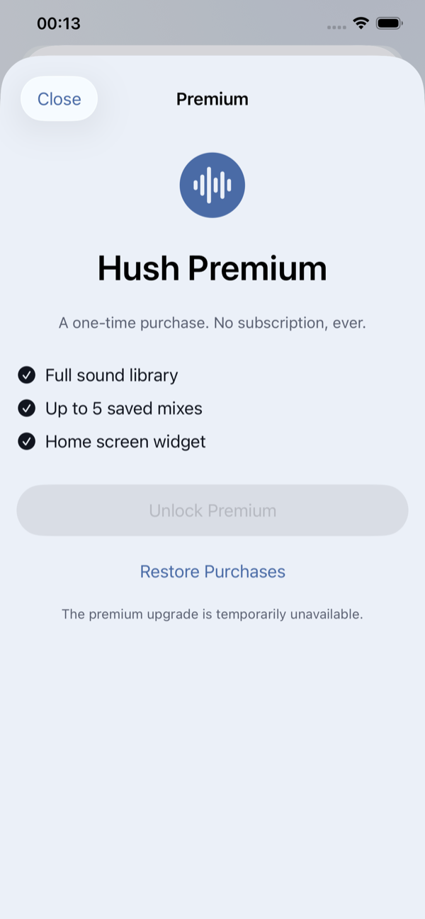 The Hush Premium upgrade screen.